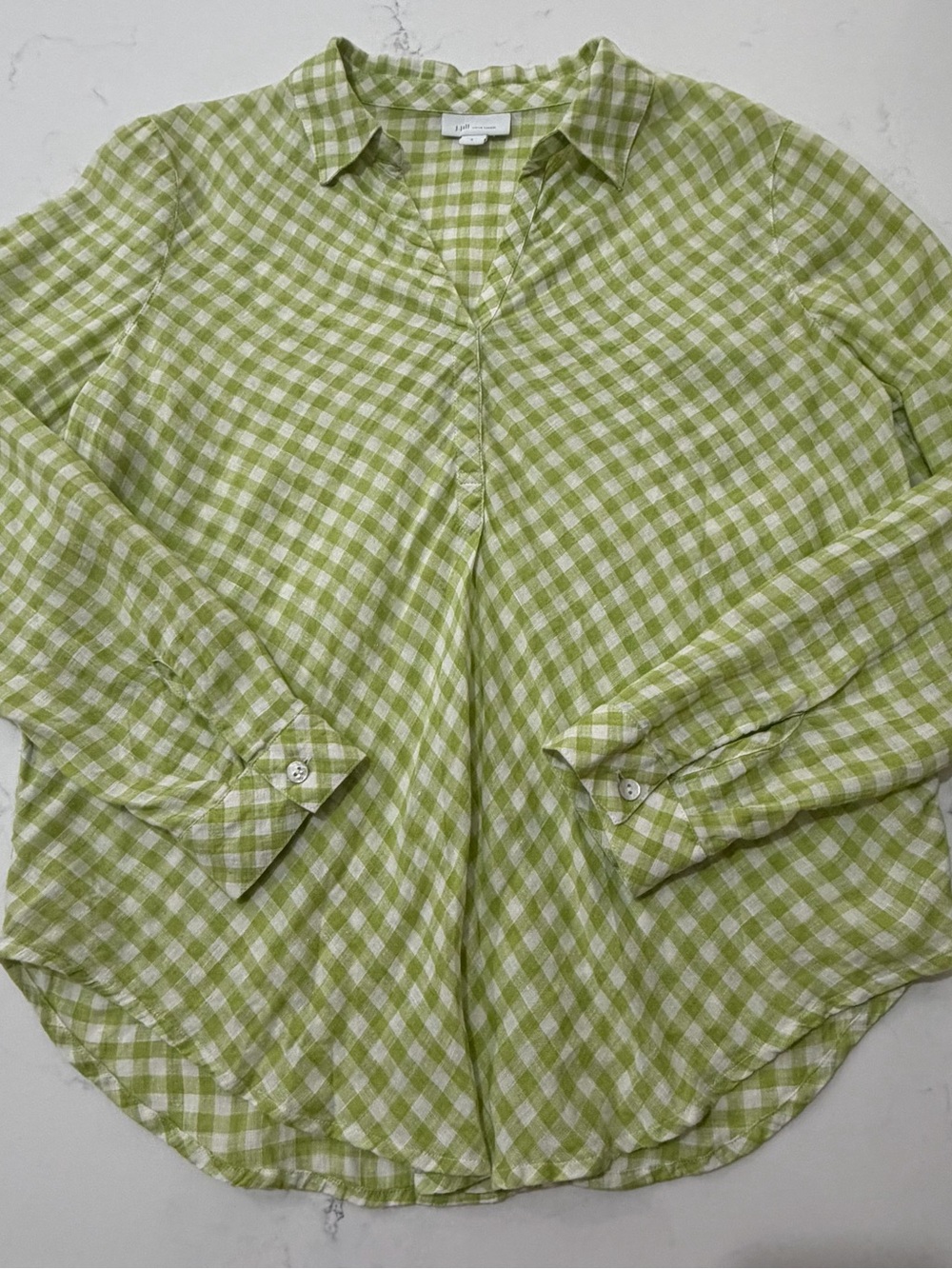 J.Jill Love Linen 100% Linen Green Gingham Check Pullover Blouse Tunic Small